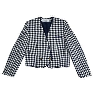 VTG Evan Picone Houndstooth Blazer Womens 8 Navy White Preppy Old Money Office